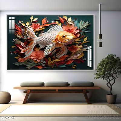 Tranh decor tường phòng khách cá chép hoa sen