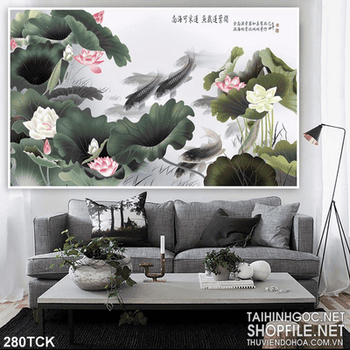 Tranh hoa sen, cá chép phong thủy