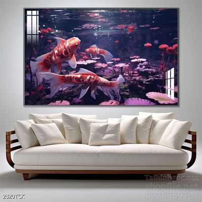 Mẫu tranh decor tường cá chép hoa sen