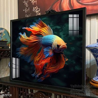 Tranh decor tường phòng khách cá chép hoa sen