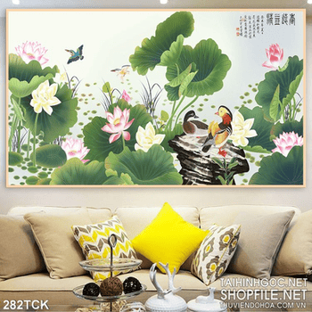 Tranh hoa sen, cá chép thư pháp