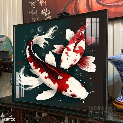 Tranh trang trí phòng khách cá chép hoa sen