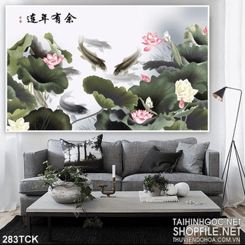 Tranh hoa sen, cá chép thư pháp trang trí