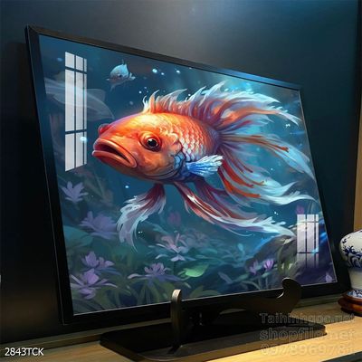 Tranh decor tường phòng khách cá chép hoa sen