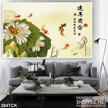 Tranh hoa sen, cá chép giả ngọc thư pháp