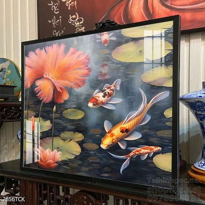 Tranh trang trí phòng khách cá chép hoa sen