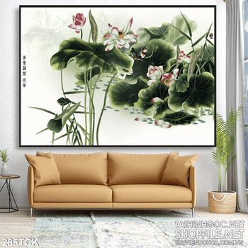 Tranh hoa sen, cá chép thư pháp treo tường