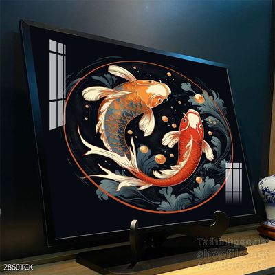 Tranh decor tường phòng khách cá chép hoa sen