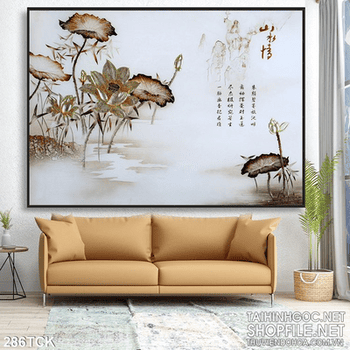 Tranh hoa sen, cá chép thư pháp nghệ thuật