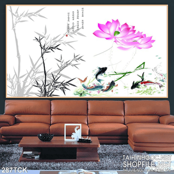 Tranh hoa sen, cá chép thư pháp đẹp