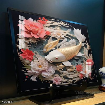Mẫu tranh decor tường cá chép hoa sen