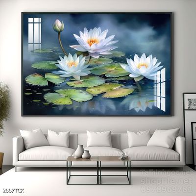 Tranh decor tường phòng khách cá chép hoa sen