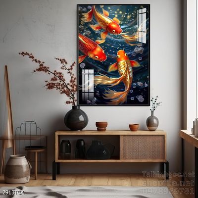 Tranh decor tường phòng khách cá chép hoa sen