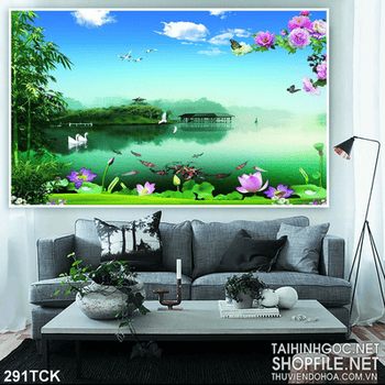 Tranh hoa sen, cá chép phong cảnh