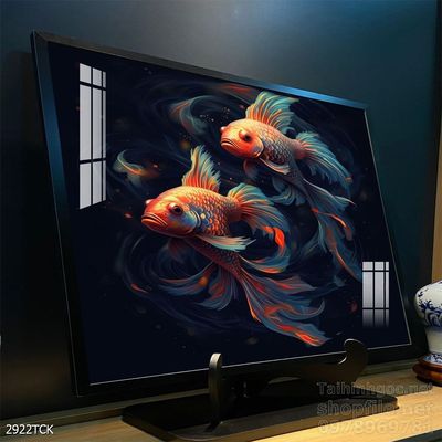 Tranh decor tường phòng khách cá chép hoa sen