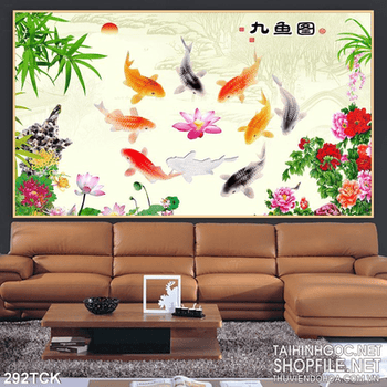 Tranh hoa sen, cá chép quần hội đẹp