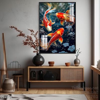 Tranh decor tường phòng khách cá chép hoa sen