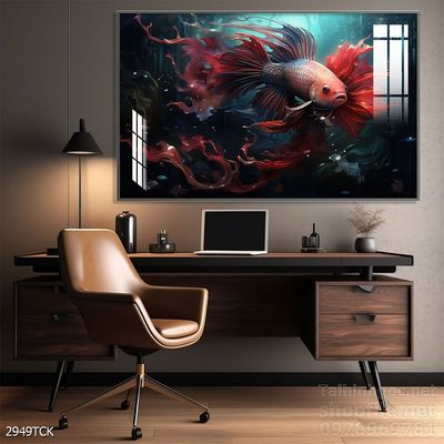 Tranh decor tường phòng khách cá chép hoa sen