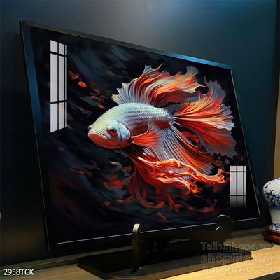 Tranh decor tường phòng khách cá chép hoa sen