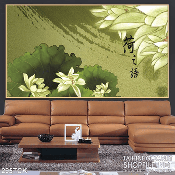 Tranh hoa sen, cá chép thư pháp