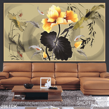 Tranh hoa sen, cá chép thư pháp trang trí