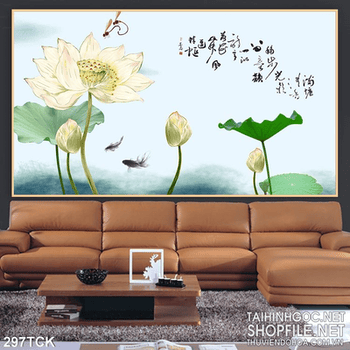Tranh hoa sen, cá chép thư pháp trang trí