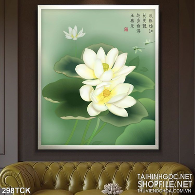 Tranh hoa sen, cá chép thư pháp nghệ thuật