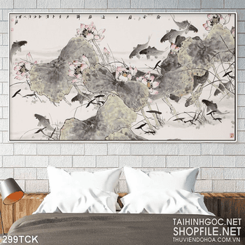 Tranh hoa sen, cá chép và phong cảnh