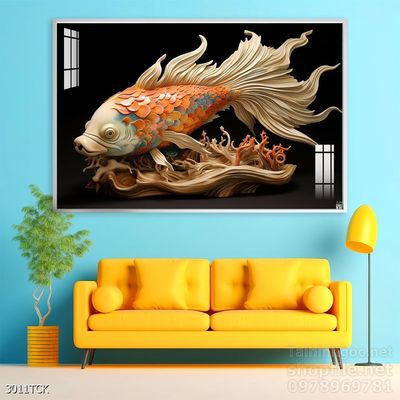 Tranh decor tường phòng khách cá chép hoa sen