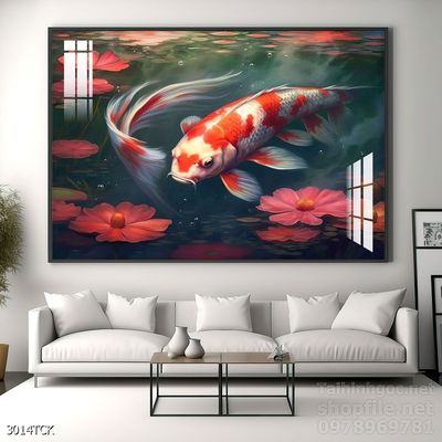 Mẫu tranh decor tường cá chép hoa sen