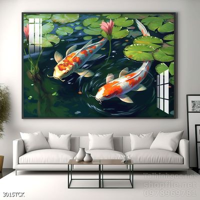 Tranh trang trí phòng khách cá chép hoa sen