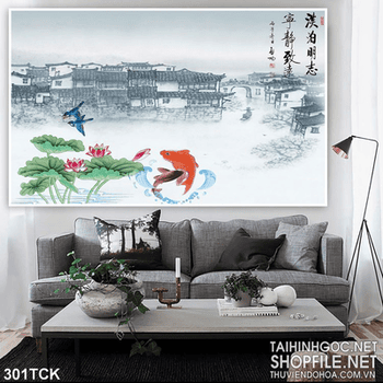 Tranh hoa sen, cá chép thư pháp đẹp