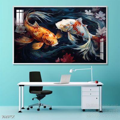 Tranh decor tường phòng khách cá chép hoa sen