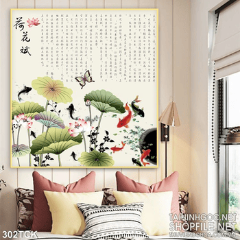 Tranh hoa sen, cá chép phong thủy