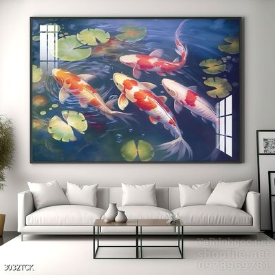 Mẫu tranh decor tường cá chép hoa sen