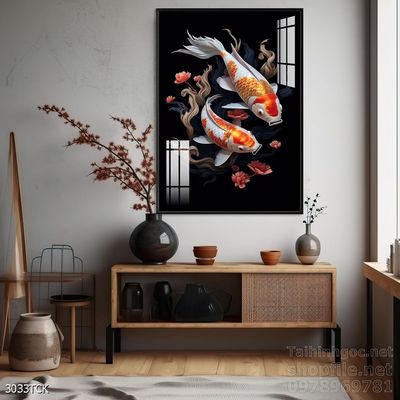 Tranh trang trí phòng khách cá chép hoa sen