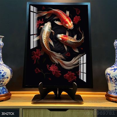 Tranh trang trí phòng khách cá chép hoa sen