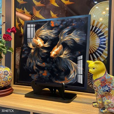 Tranh decor tường phòng khách cá chép hoa sen