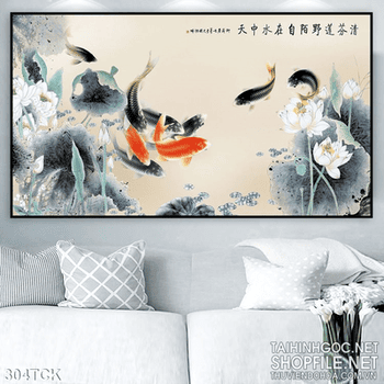 Tranh hoa sen, cá chép thư pháp treo tường