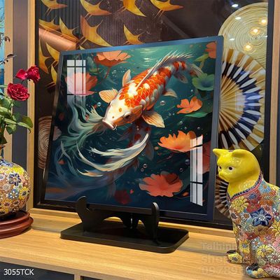 Tranh decor tường phòng khách cá chép hoa sen
