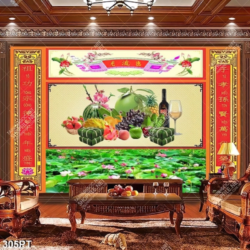 Tranh thờ thư pháp hoa sen và ngũ quả đẹp nhất