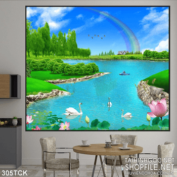 Tranh hoa sen, cá chép và thiên nga