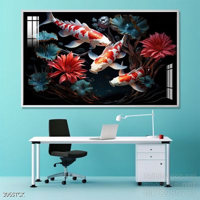 Tranh cá chép hoa sen nghệ thuật hiện đại