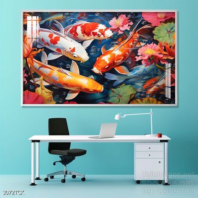 Tranh decor tường phòng khách cá chép hoa sen