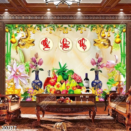 Tranh phòng thờ giả ngọc ngũ quả và song long chất lượng cao
