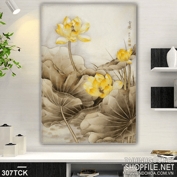 Tranh hoa sen thư pháp