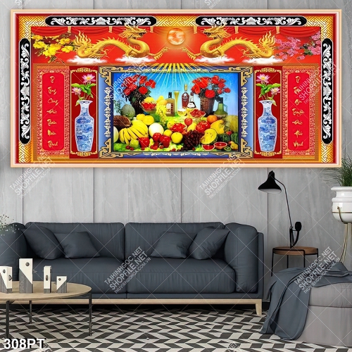 Tranh phòng thờ song long và ngũ quả file gốc