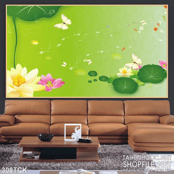 Tranh hoa sen, cá chép dán tường