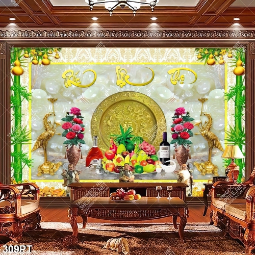 Tranh thờ giả ngọc Phúc Lộc Thọ ngũ quả in kính