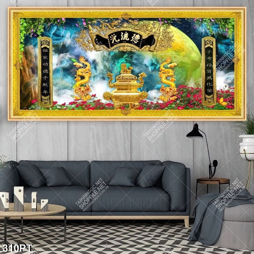 Tranh thư pháp và song long trang trí phòng thờ